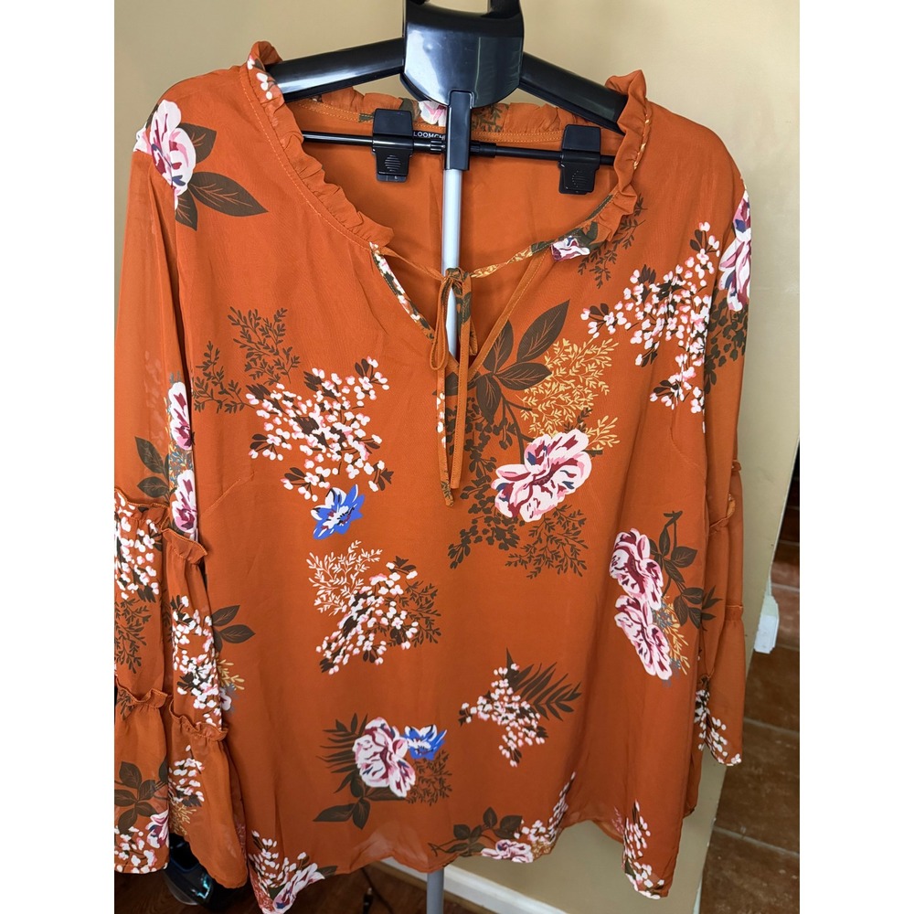 BloomChic Burnt Orange Floral Ruffle Tie Neck Blouse Plus Size 26 Long Sleeve